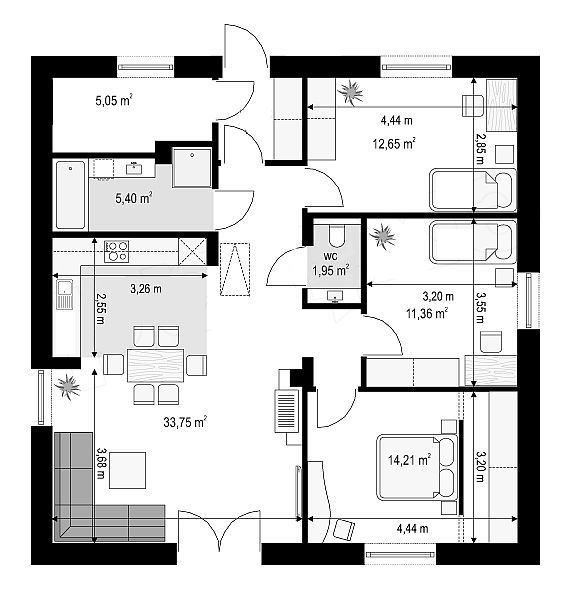 Bản vẽ nhà 1 tầng 3 phòng ngủ kiến trúc phong thủy 2022